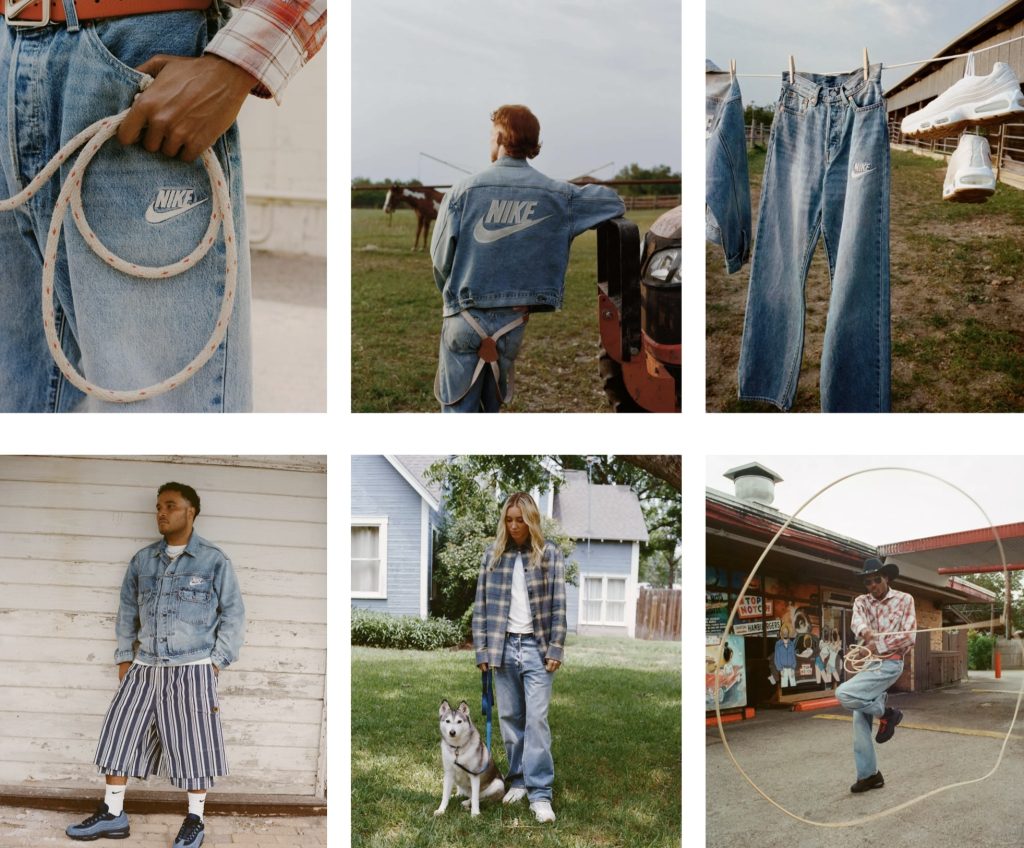 Levi’s x Nike Air Max 95 denim sneakers in indigo, black, and white colorways with co-branded details